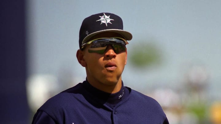 Seattle Mariners infielder Alex Rodriguez against the Chicago Cubs at HoHokam Stadium in 1998.