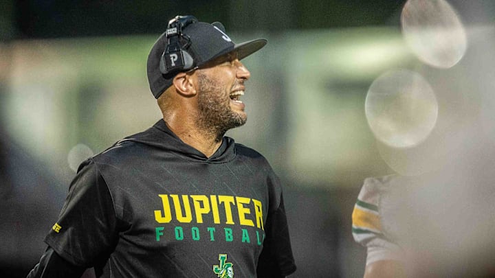 Jupiter football head coach Jason Kradman on the sidelines for a Dwyer-Jupiter game on August 23, 2024, in Palm Beach Gardens, Fla. The Panthers were bested by the Warriors 27-0 in the rivalry of Military Trail schools in northern Palm Beach County.