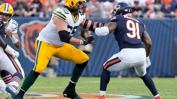 Green Bay Packers offensive tackle David Bakhtiari (69) blocks Chicago Bears defensive end Yannick Ngakoue (91) during second half of their game on Sunday, Sept. 10, 2023 at Soldier Field in Chicago.