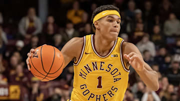 Jan 25, 2025; Minneapolis, Minnesota, USA; Minnesota Golden Gophers guard Isaac Asuma (1) brings the ball up court against the Oregon Ducks during the first half at Williams Arena. Mandatory Credit: Nick Wosika-Imagn Images