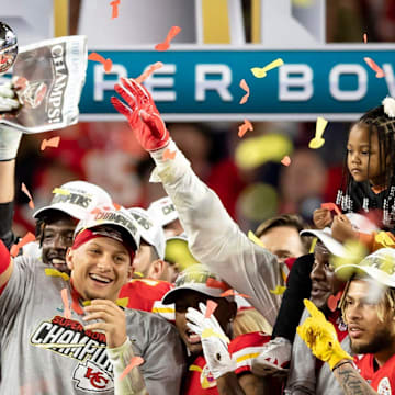 Super Bowl 54: Kansas City Chiefs quarterback Patrick Mahomes celebrates with the Vince Lombardi Trophy after the Super Bowl win over the 49ers at Hard Rock Stadium in Miami Gardens, on Feb. 2, 2020.
