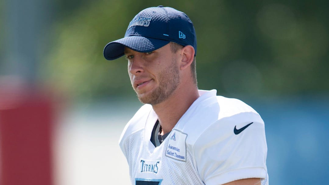 Tennessee Titans kicker Greg Joseph (7) walks the field during a training camp practice at Saint Thomas Sports Park Monday, Aug. 24, 2020  Nashville, Tenn.

Nas Titans Camp 0824 003