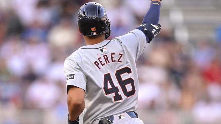 Jul 3, 2024; Minneapolis, Minnesota, USA; Detroit Tigers outfielder Wenceel Perez (46) celebrates his solo home run against the Minnesota Twins as he rounds the bases during the third inning at Target Field