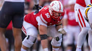 Nebraska offensive lineman Rocco Spindler prepares to block against Michigan.