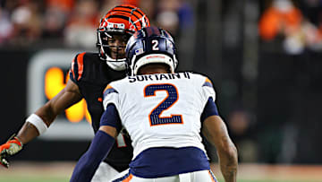 CINCINNATI, OH - DECEMBER 28 - Denver Broncos cornerback Pat Surtain II (2) covers Cincinnati Bengals wide receiver Ja'Marr Chase (1) in a game between the Denver Broncos and the Cincinnati Bengals at Paycor Stadium on Saturday, December 28, 2024. 