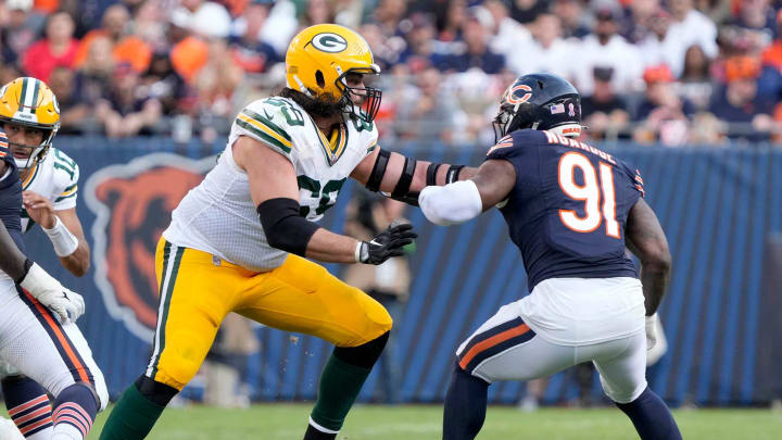 Green Bay Packers offensive tackle David Bakhtiari (69) blocks Chicago Bears defensive end Yannick Ngakoue (91) during second half of their game on Sunday, Sept. 10, 2023 at Soldier Field in Chicago.