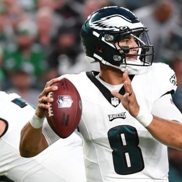 Aug 17, 2023; Philadelphia, Pennsylvania, USA; Philadelphia Eagles quarterback Marcus Mariota (8) throws a pass against the Cleveland Browns during the first quarter at Lincoln Financial Field.