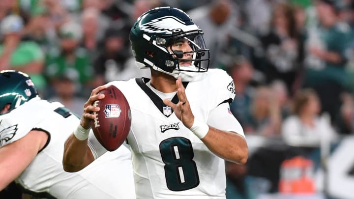 Aug 17, 2023; Philadelphia, Pennsylvania, USA; Philadelphia Eagles quarterback Marcus Mariota (8) throws a pass against the Cleveland Browns during the first quarter at Lincoln Financial Field.
