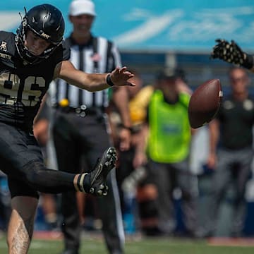 Army kicker Trey Gronotte kicks the ball during NCAA college football action as the Florida Atlantic University Owls host Army's Black Knights on September 7, 2024, in Boca Raton, Fla. Army won the contest.