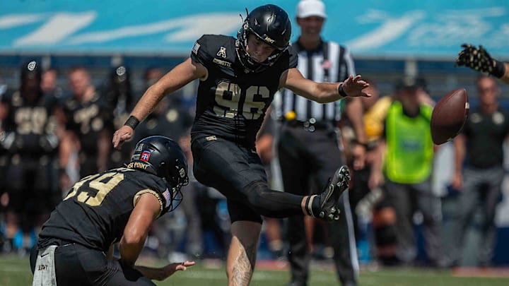 Army kicker Trey Gronotte kicks the ball during NCAA college football action as the Florida Atlantic University Owls host Army's Black Knights on September 7, 2024, in Boca Raton, Fla. Army won the contest.