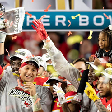 Kansas City Chiefs quarterback Patrick Mahomes (15) celebrates with the Vince Lombardi Trophy after Super Bowl LIV win over the 49ers at Hard Rock Stadium in Miami Gardens, Feb. 2, 2020.  [ALLEN EYESTONE/The Palm Beach Post]

Super Bowl Kansas City Chiefs Vs San Francisco 49ers