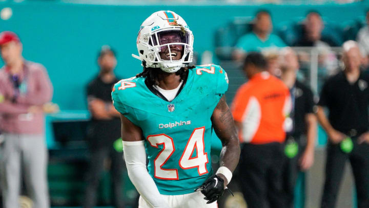 Miami Dolphins cornerback Cam Smith (24) grimaces during the fourth quarter of a preseason game at Hard Rock Stadium on Friday, August 11, 2023, in Miami Gardens, FL.