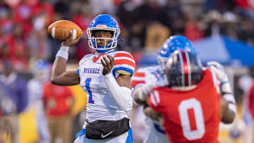 Noxubee County's Kamario Taylor (1) looks for an opening against Choctaw County during the MHSAA 3A championship game in Hattiesburg, Miss., Thursday, Dec. 5, 2024.