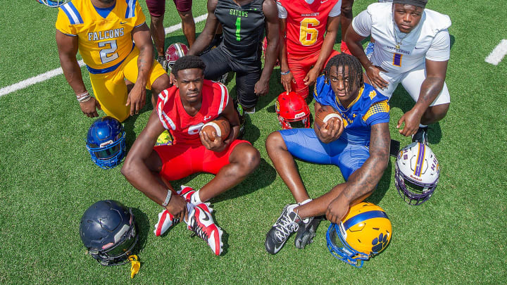 The 2024 Clarion Ledger Dandy Dozen: from left, seated, Choctaw wide receiver Caleb Cunningham; Quitman runningback Akylin Dear; kneeling, Oak Grove defensive lineman Andrew Maddox; Velma Jackson defensive lineman Tyshun Willis; Lake Cormorant linebacker Jarcoby Hopson; Holmes County Central defensive back Cortez Thomas; Hattiesburg defensive lineman Kevin Oatis; standing, Natchez County quarterback KaMario Taylor; George County quarterback Deuce Knight; Laurel offensive lineman Tyler Miller;