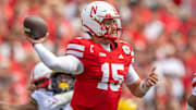 Nebraska quarterback Dylan Raiola fires a 7-yard pass to wide receiver Jacory Barney Jr.  during the first quarter against Michigan.