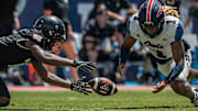 Army Black Knights cornerback Jaydan Mayes #7 and Florida Atlantic University Owls safety CJ Heard #1 fight for possession during NCAA college football action as the Florida Atlantic University Owls host Army's Black Knights on September 7, 2024, in Boca Raton, Fla. Army led 14-7 at halftime.