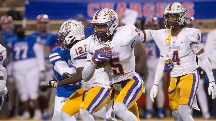 Hattiesburg's Tristen Keys (5) returns for the Tigers during play against Grenada in the MHSAA 6A championship game in Hattiesburg, Miss., Saturday, Dec. 7, 2024.