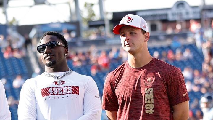 San Francisco 49ers wide receiver Deebo Samuel (L) and quarterback Brock Purdy (R)