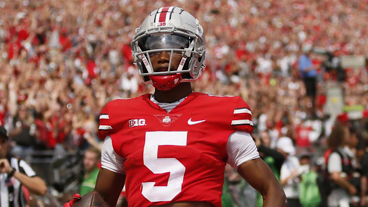 Ohio State Buckeyes wide receiver Garrett Wilson (5) catches a touchdown pass during the first half of the NCAA football game against the Oregon Ducks at Ohio Stadium in Columbus on Saturday, Sept. 11, 2021.
Oregon Ducks At Ohio State Buckeyes Football Ohio State Buckeyes wide receiver Garrett Wilson (5) catches a touchdown pass during the first half of the NCAA football game against the Oregon Ducks at Ohio Stadium in Columbus on Saturday, Sept. 11, 2021.
Oregon Ducks At Ohio State Buckeyes Football