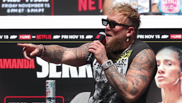 Nov 13, 2024; Irving, TX, USA;  Jake Paul speaks to the media about his upcoming fight with Mike Tyson at The Pavilion at Toyota Music Factory. Mandatory Credit: Kevin Jairaj-Imagn Images