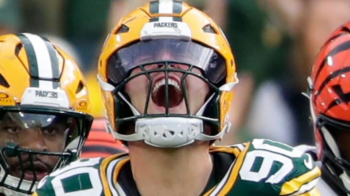 Green Bay Packers defensive end Lukas Van Ness (90) celebrates after sacking Cincinnati Bengals quarterback Joe Flacco (16) on Sunday, October 12, 2025, at Lambeau Field in Green Bay, Wis.Green Bay defeated Cincinnati 27-18.