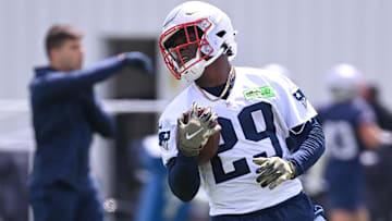 New England Patriots running back Terrell Jennings (29)  makes a catch at the New England Patriots rookie camp at Gillette Stadium. 