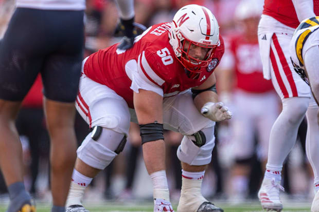Nebraska offensive lineman Rocco Spindler prepares to block against Michigan.