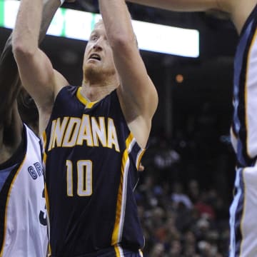 Dec 19, 2015; Memphis, TN, USA; Indiana Pacers forward Chase Budinger (10) goes to the basket against Memphis Grizzlies center Marc Gasol (33) during the second quarter at FedExForum. Mandatory Credit: Justin Ford-USA TODAY Sports