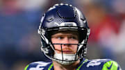 Seattle Seahawks quarterback Sam Darnold warms up prior to the game against the Houston Texans.