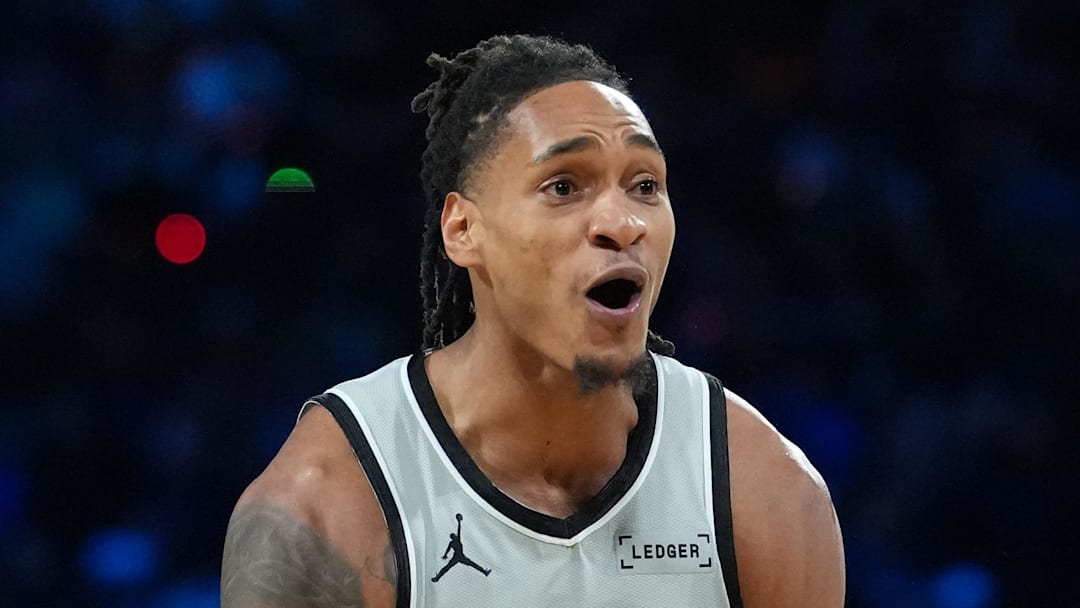 Dec 16, 2025; Las Vegas, Nevada, USA; San Antonio Spurs guard Devin Vassell (24) reacts against the New York Knicks during the Emirates NBA Cup Final at T-Mobile Arena. Mandatory Credit: Kirby Lee-Imagn Images