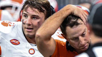 Aug 31, 2024; Atlanta, Georgia, USA; Clemson Tigers quarterback Cade Klubnik (2) and head coach Dabo Swinney react after Klubnik threw an interception against Georgia Bulldogs during the fourth quarter of the 2024 Aflac Kickoff Game at Mercedes-Benz Stadium. Mandatory Credit: Ken Ruinard-Imagn Images