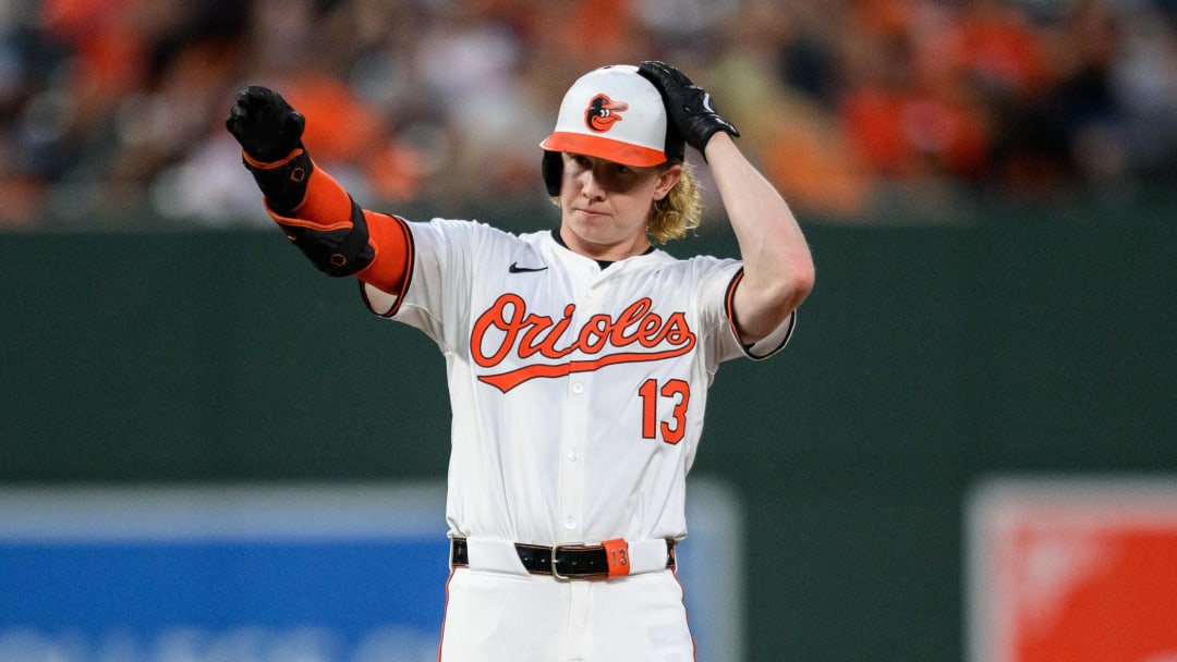 Kjerstad reacts after hitting a double during the fourth inning against the Texas Rangers at Oriole Park at Camden Yards.