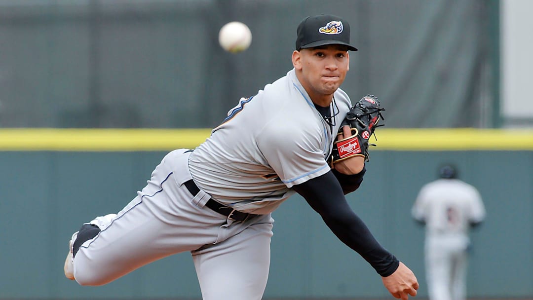 Akron RubberDucks pitcher Daniel Espino warms up between innings against the Erie SeaWolves at UPMC Park in Erie on April 9, 2022