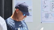 Jun 6, 2025; St. Petersburg, Florida, USA; Tampa Bay Rays manager Kevin Cash (16) looks on in the dugout against the Miami Marlins at George M. Steinbrenner Field. 
