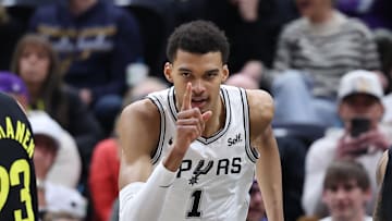 Mar 27, 2024; Salt Lake City, Utah, USA; San Antonio Spurs center Victor Wembanyama (1) reacts to a shot against the Utah Jazz during the second quarter at Delta Center.