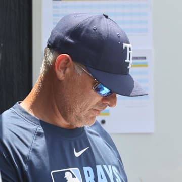 Jun 6, 2025; St. Petersburg, Florida, USA; Tampa Bay Rays manager Kevin Cash (16) looks on in the dugout against the Miami Marlins at George M. Steinbrenner Field. 