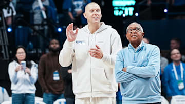 Kentucky Wildcats Mark Pope and former UK coach Tubby Smith at the 2025 Big Blue Madness at Rupp Arena in Lexington, Kentucky Saturday, Oct. 11, 2025.