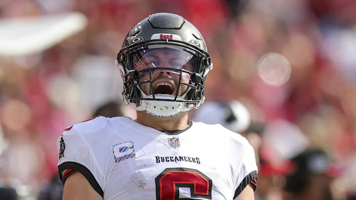 Oct 22, 2023; Tampa, Florida, USA;  Tampa Bay Buccaneers quarterback Baker Mayfield (6) reacts after a run against the Atlanta Falcon in the fourth quarter at Raymond James Stadium. Mandatory Credit: Nathan Ray Seebeck-USA TODAY Sports