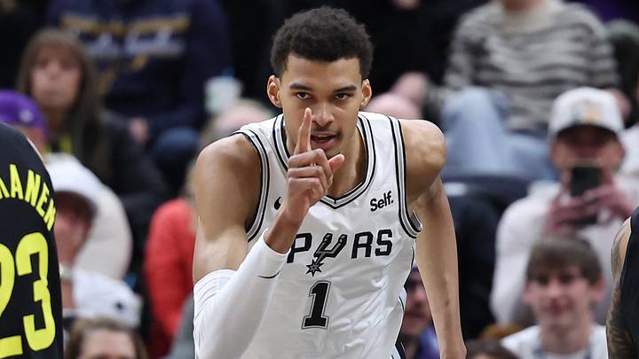 Mar 27, 2024; Salt Lake City, Utah, USA; San Antonio Spurs center Victor Wembanyama (1) reacts to a shot against the Utah Jazz during the second quarter at Delta Center. Mandatory Credit: Rob Gray-USA TODAY Sports