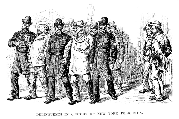 1882 illustration of NYC policemen arresting people