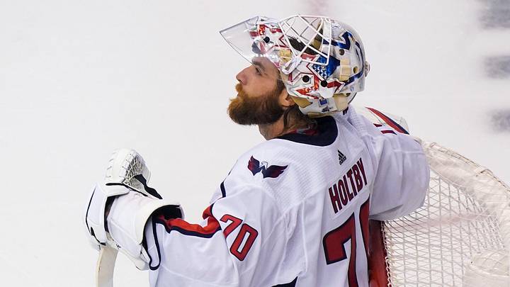 Aug 18, 2020; Toronto, Ontario, CAN; Washington Capitals goaltender Braden Holtby (70) looks to the video board during a stop in play in the second period against the New York Islanders in game four of the first round of the 2010 Stanley Cup Playoffs at Scotiabank Arena. Mandatory Credit: John E. Sokolowski-Imagn Images