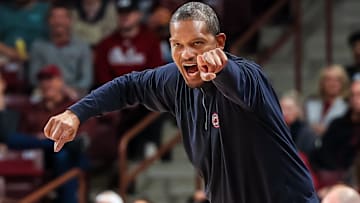 Nov 12, 2025; Columbia, South Carolina, USA; South Carolina Gamecocks head coach Lamont Paris directs his team against the Presbyterian Blue Hose in the first half at Colonial Life Arena. Mandatory Credit: Jeff Blake-Imagn Images