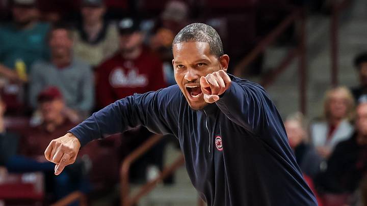Nov 12, 2025; Columbia, South Carolina, USA; South Carolina Gamecocks head coach Lamont Paris directs his team against the Presbyterian Blue Hose in the first half at Colonial Life Arena. Mandatory Credit: Jeff Blake-Imagn Images