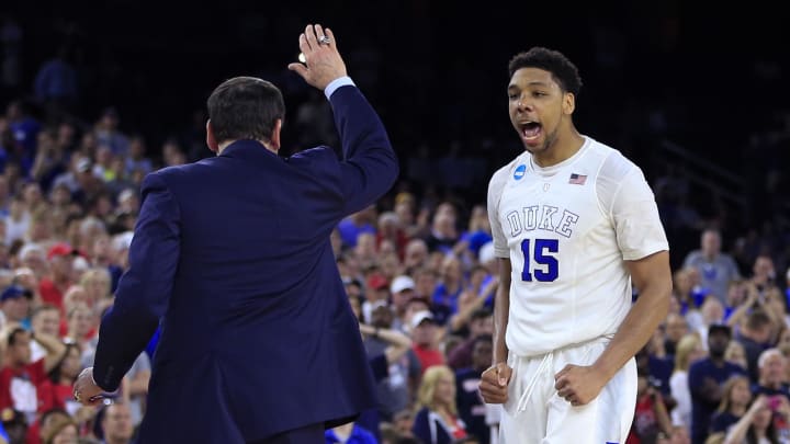 Duke basketball head coach Mike Krzyzewski and center Jahlil Okafor