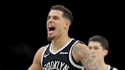 Dec 1, 2025; Brooklyn, New York, USA; Brooklyn Nets forward Michael Porter Jr. (17) reacts during the fourth quarter against the Charlotte Hornets at Barclays Center. Mandatory Credit: Brad Penner-Imagn Images