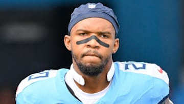 Sep 14, 2025; Nashville, Tennessee, USA;  Tennessee Titans running back Tony Pollard (20)  takes the field against the Los Angeles Rams during the first half at Nissan Stadium. Mandatory Credit: Steve Roberts-Imagn Images