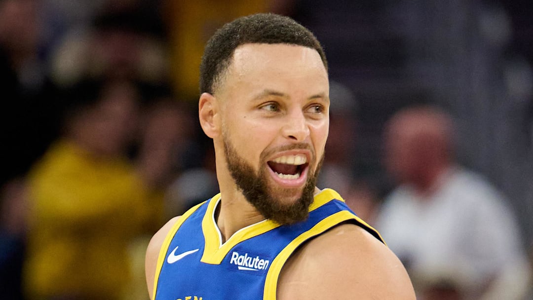 Dec 12, 2025; San Francisco, California, USA; Golden State Warriors guard Stephen Curry (30) reacts toward the Minnesota Timberwolves bench after making a three-point shot during the fourth quarter at Chase Center. Mandatory Credit: Robert Edwards-Imagn Images