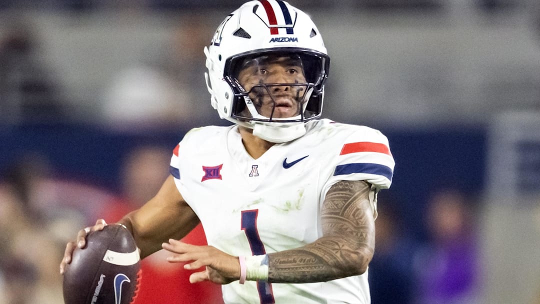 Nov 28, 2025; Tempe, Arizona, USA; Arizona Wildcats quarterback Noah Fifita (1) against the Arizona State Sun Devils during the 99th Territorial Cup at Mountain America Stadium. Mandatory Credit: Mark J. Rebilas-Imagn Images