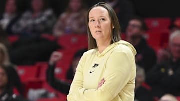 Purdue Boilermakers head coach Katie Gearlds looks onto the court 