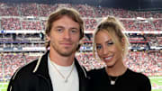 Braxton Berrios and Alix Earle attend the Super Bowl LVIII Pregame at Allegiant Stadium on February 11, 2024 